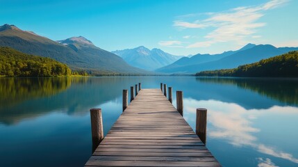 Naklejka premium A scenic wooden pier extending into a serene lake, surrounded by mountains, with a clear summer sky and calm waters reflecting the beauty of nature