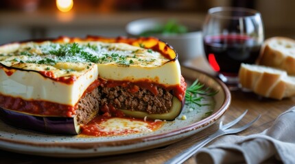 A freshly baked moussaka, its top layer of b&eacute;chamel golden and slightly crisp, with the layers of eggplant, spiced minced lamb, and rich tomato sauce visible on the side of a cut slice. A sprinkle of 