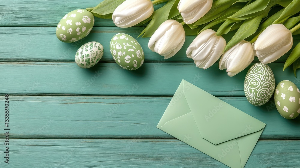 Poster a serene spring flat lay with white tulips, green easter eggs adorned with patterns, and a blank car