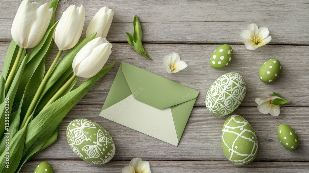 Poster a serene spring flat lay with white tulips, green easter eggs adorned with patterns, and a blank car
