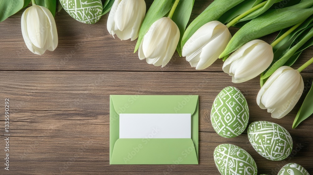 Poster a serene spring flat lay with white tulips, green easter eggs adorned with patterns, and a blank car