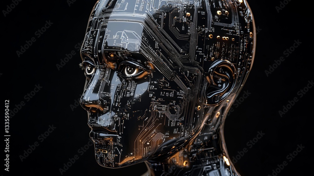 Poster futuristic robotic head artificial intelligence digital art black gold technology concept abstract d