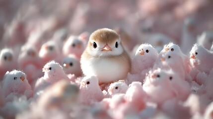 Cute fluffy chick surrounded by pink chicks.
