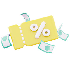 Shopping promotional discount or coupon label with banknote representing low price shopping sale deal 3d render illustration image