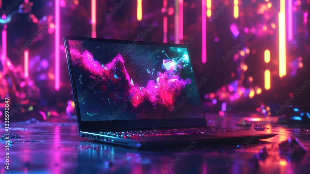 Poster a sleek laptop with a neon-colored low-poly crystal display on the screen, surrounded by futuristic 