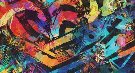 Abstract Vibrant Collage Art Multicolored Geometric Shapes and Texture Overlay