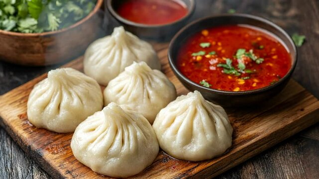 Savory dumplings served with spicy sauce and fresh herbs at a rustic wooden table