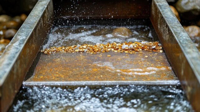 A sluice box in action during gold panning, with clear water running over the screen, helping separate gold particles from the river sediment