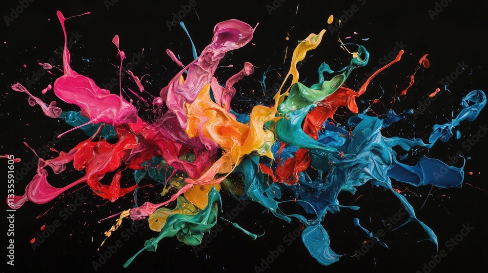 Poster a stunning display of colored paint splashes isolated on a black background, perfect for showcasing 