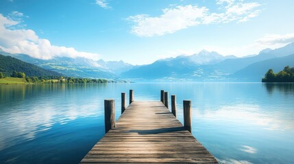 Fototapeta premium A tranquil wooden pier on a lake with expansive mountains in the background, capturing the beauty of a summer landscape with peaceful waters and a clear sky