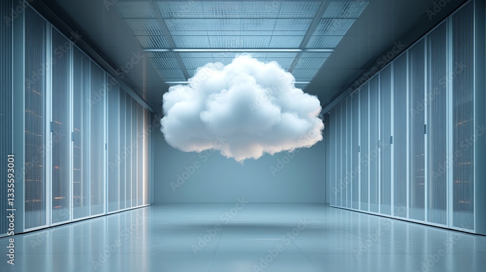Poster cloud computing data center server room digital technology infrastructure modern network white cloud