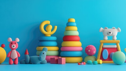 Obraz premium A vivid arrangement of 3D-rendered toys, including soft figures and educational toys, set on a bright blue background to highlight fun and creativity