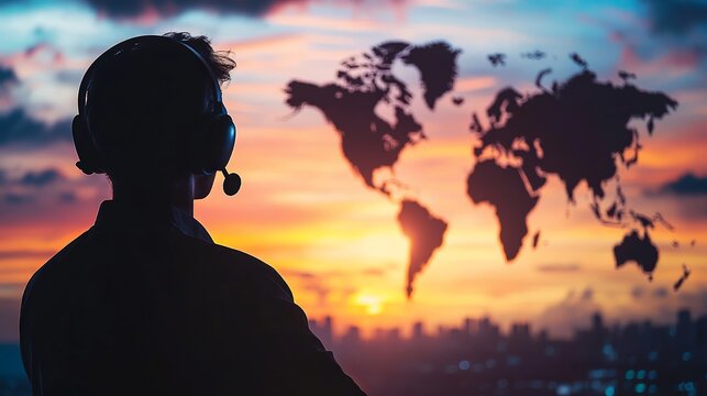 Global Communication Silhouette Person Wearing Headset Sunset Background International Business Support Operator World Map Telecommunication Customer 
