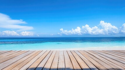 Fototapeta premium A wooden deck on a pristine tropical beach, with the azure sea and cloudless blue sky, creating a serene and inviting atmosphere for relaxation