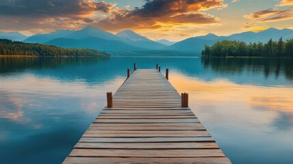 Fototapeta premium A wooden pier leading out into a calm lake, with stunning mountain views in the background, creating a picturesque summer landscape with vibrant skies