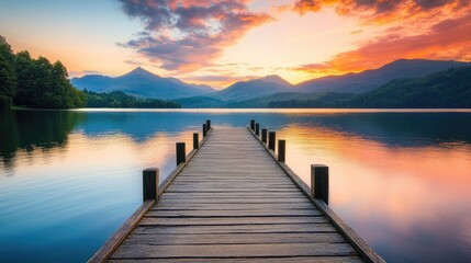 Naklejka premium A wooden pier leading out into a calm lake, with stunning mountain views in the background, creating a picturesque summer landscape with vibrant skies