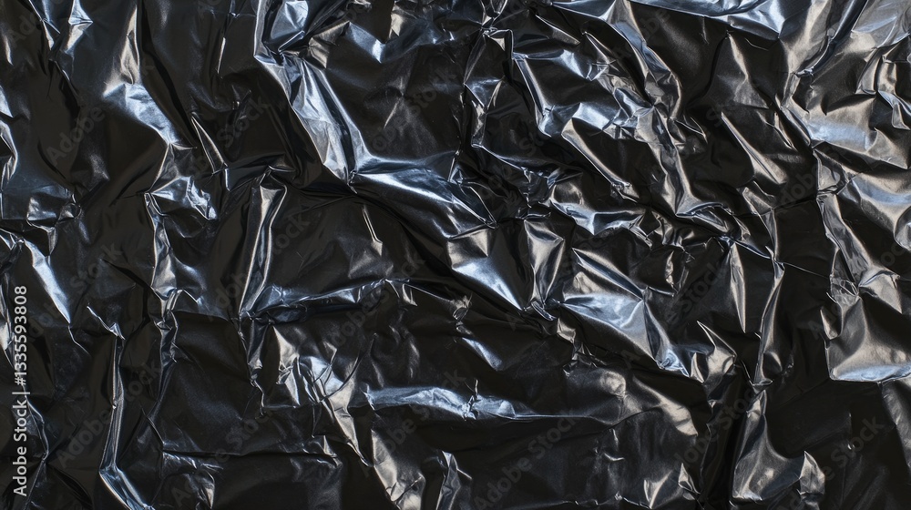 Poster abstract close-up of black plastic bag texture, featuring crumpled folds and a shiny surface, creati