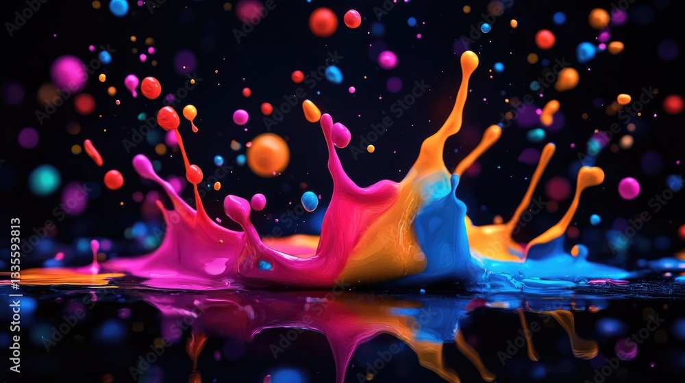 Poster Abstract colored paint splashes on a black background, creating a vibrant and dynamic scene with neon colors, perfect for artistic design