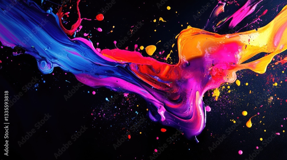 Poster Abstract colored paint splashes on a black background, creating a vibrant and dynamic scene with neon colors, perfect for artistic design