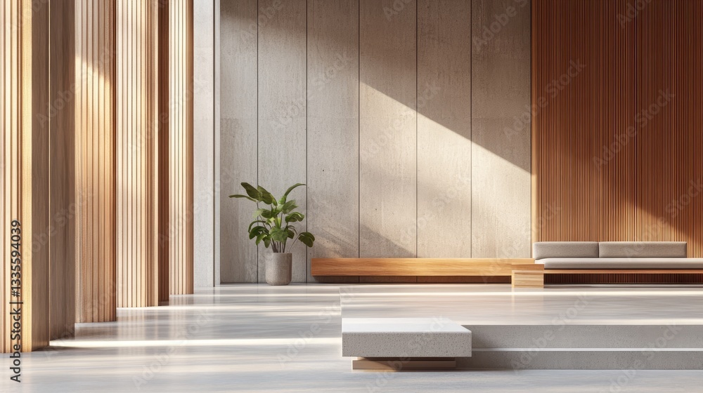 Poster an empty modern cafe interior with wooden and concrete walls, designed in a minimalist style with mo