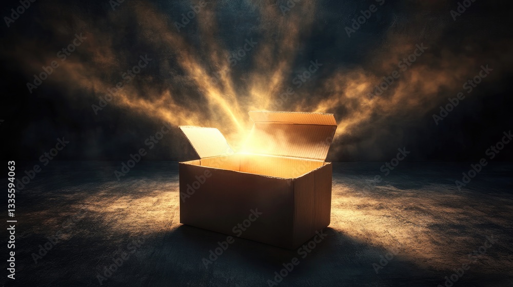 Poster an open cardboard box emitting radiant light beams in a dark, expansive setting, symbolizing themes 