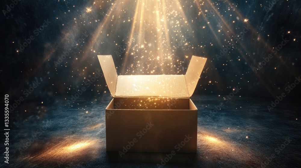 Poster an open cardboard box emitting radiant light beams in a dark, expansive setting, symbolizing themes 