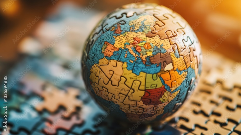 Poster pieces of a globe puzzle fitting together, symbolizing interconnectedness and global collaboration, 