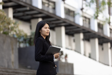 Future remote work combines technology smart phone digital business woman enable e-learning...