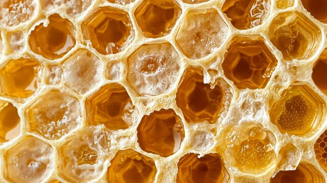 Close-up view of honeycomb structure showcasing honey and wax in a beehive environment