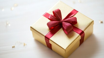 Golden Gift Box with Red Ribbon, Symbolizing Elegance and Celebration

