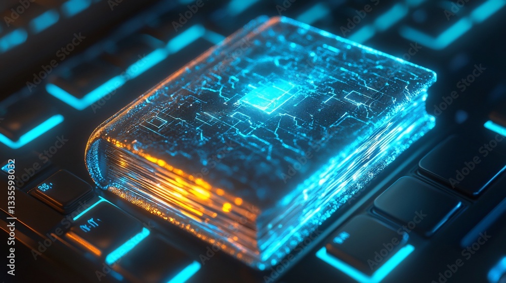 Poster digital age learning: electronic book on keyboard with glowing circuits
