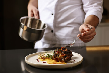 Professional chef adding sauce to delicious dish at table indoors, closeup
