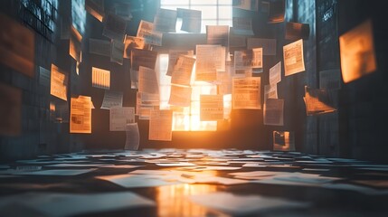 A dark room filled with floating documents and papers illuminated by a bright light shining through a window creating a dramatic and mysterious atmosphere.