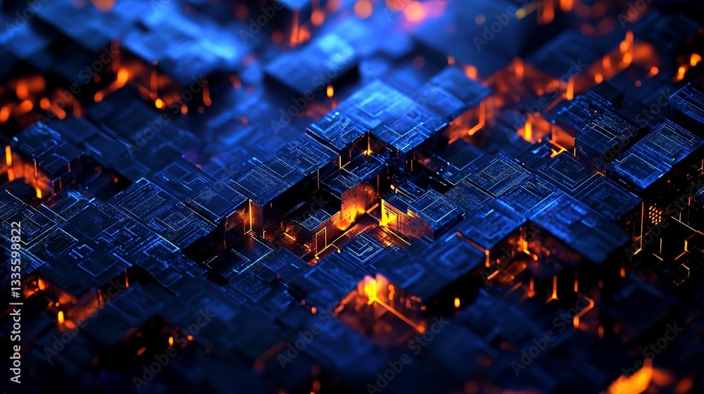 Poster abstract digital cubes glowing network futuristic technology background modern dark blue orange illu