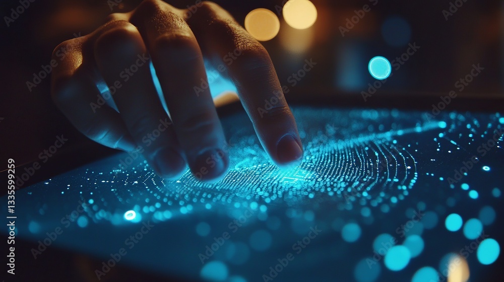 Poster digital technology abstract background futuristic data network modern interface hand touching screen