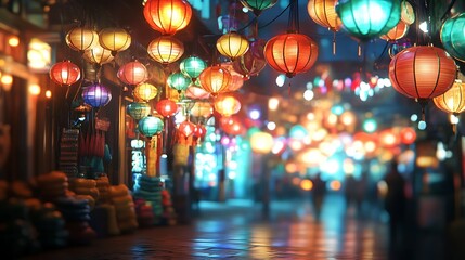 colorful paper lanterns on the street at night in china