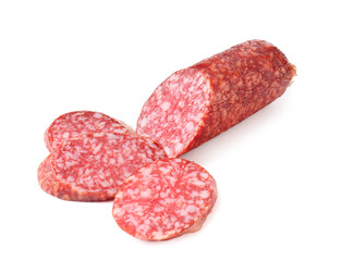 Pieces of delicious smoked sausage isolated on white
