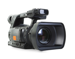 Modern professional video camera isolated on white