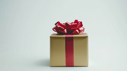 Obraz premium Golden Gift Box with Red Ribbon, Symbolizing Elegance and Celebration 