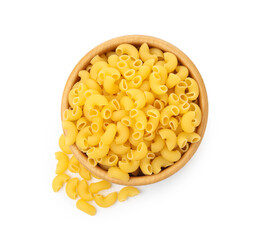 Raw horns pasta in bowl isolated on white, top view