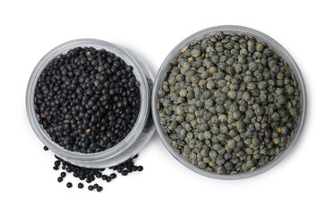 Different types of lentils isolated on white, top view