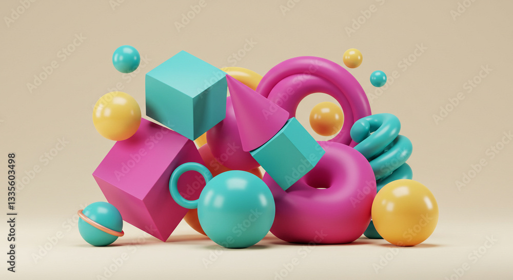 Poster abstract 3d shapes in vibrant colors. geometric forms floating on beige