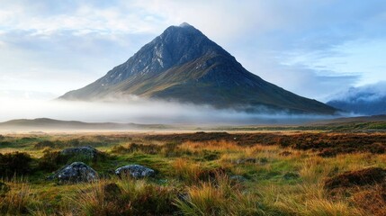 A serene landscape of a high mountain with mist swirling around its base