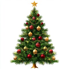Beautiful Christmas Tree with Colorful Baubles, Twinkling Lights, and Shining Star on Top Isolated on White Background