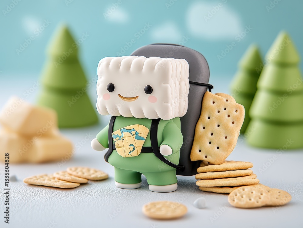 Poster cute character with a backpack surrounded by snacks and trees in a playful setting