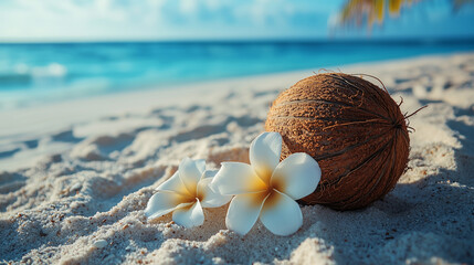 Coconut and flowers on sand on summer tropical beach.