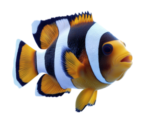 Exotic Clownfish with Vibrant Orange, Black and White Stripes, Tropical Marine Anemonefish Swimming in Natural Pose Isolated on Transparent and White Background