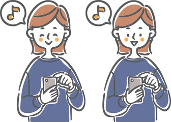 スマホを使ってご機嫌な女性　上半身　ベクター