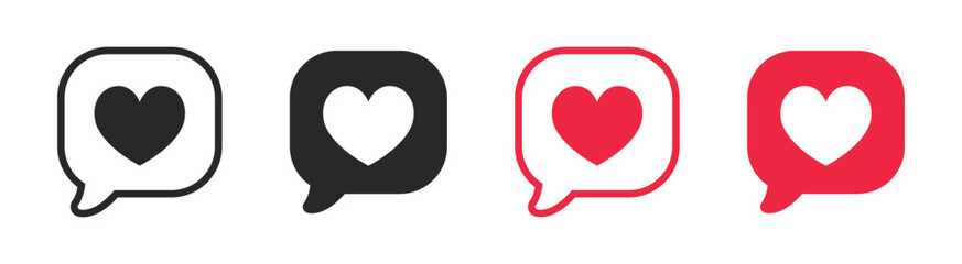 Vector Heart Speech Bubble Icon Set. Heart Bubble Message Icon Set