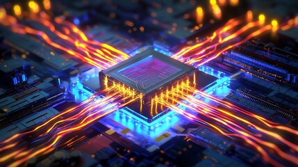 Obraz premium Quantum computer photonic processors emitting neon light streams hyper detailed futuristic technology concept